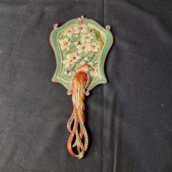 Vintage Mandalay Austrian Enamel Bird Hand Mirror Rhinestone Vanity Art Nouveau