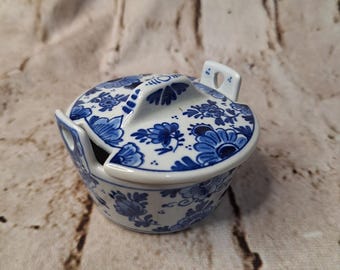 Delft Blue Hand Painted Ceramic Lidded Sugar Bowl Jam Pot Floral Made in Holland