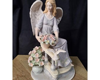 Vintage Porcelain Angel Figurine with Flowers and Dove Lavender Gown Ornament