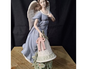 Blue Angel with Christmas Bell Porcelain Figurine 12 Inch Glazed Collectible