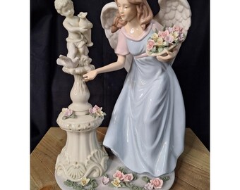 Large Porcelain Angel Figurine with Cherub Birdbath and Roses Blue Gown 12 Inch