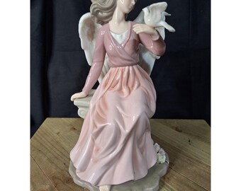Porcelain Angel Figurine with Dove Pink Gown Glossy Collectible Statue 10.5"