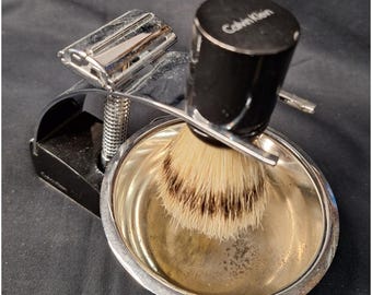 Calvin Klein Vintage Shaving Set Safety Razor Brush Bowl and Stand 4 Piece Kit