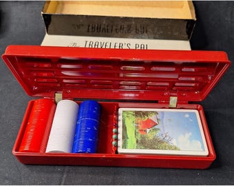 Vintage Traveler's Pal Game Box Red Cribbage Board Playing Cards Chips Set