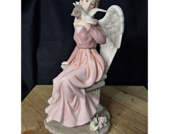 Vintage Member's Mark Porcelain Angel Figurine with Dove Pink Dress Wings Statue