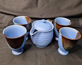 Andrea by Sadek Chopsticks Blue Ceramic Tea Set Teapot 4 Cups Made in Japan