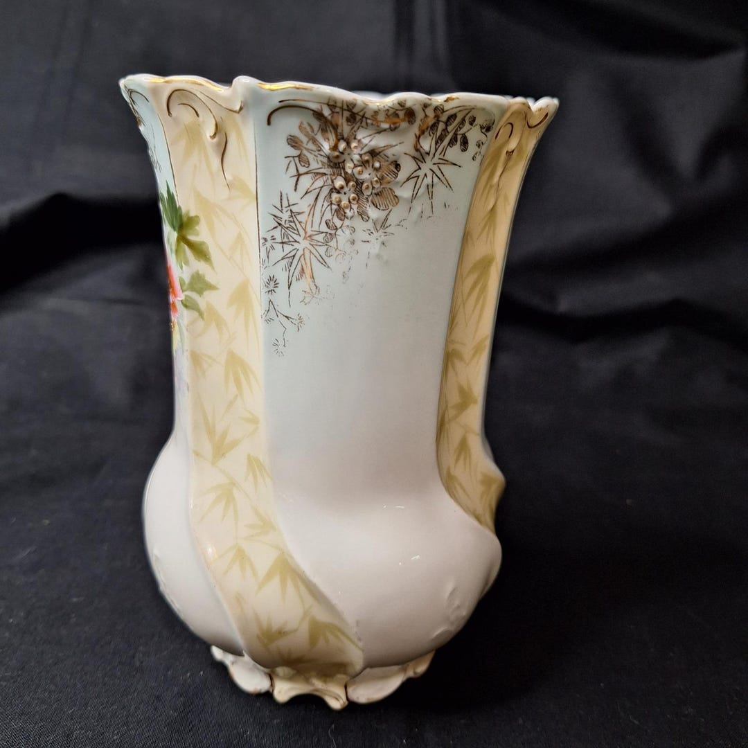 Antique Hand Painted Floral Porcelain Vase Gold Gilt Scalloped Rim 6.5 ...