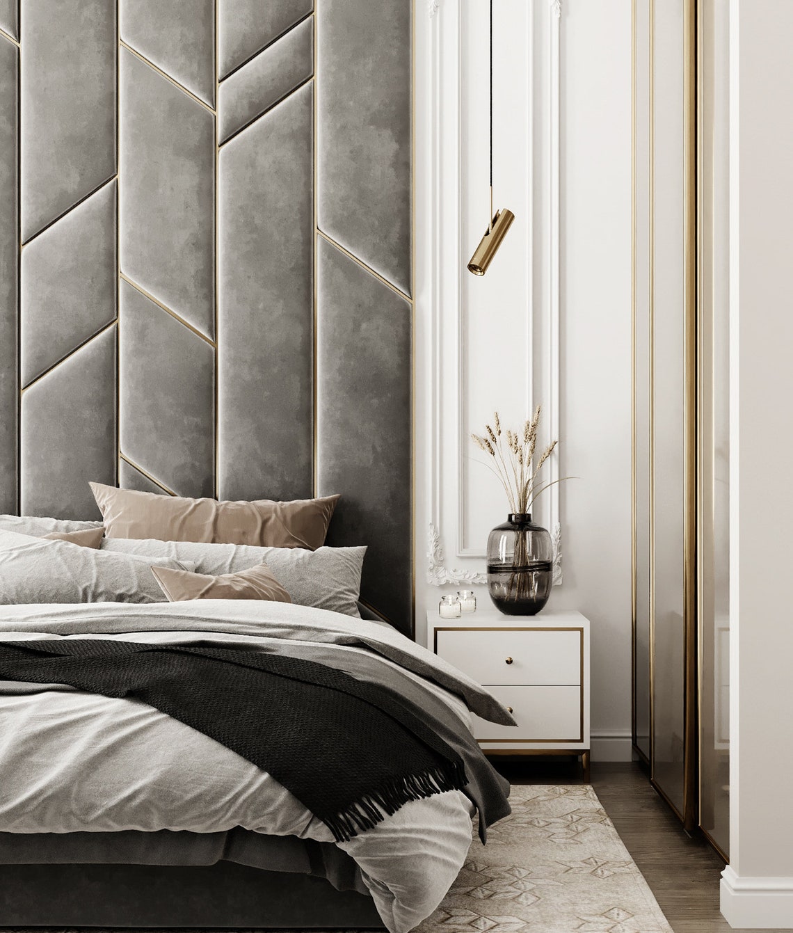 Luxury Upholstered Velvet Wall Panels With Gold Lines, Stylish