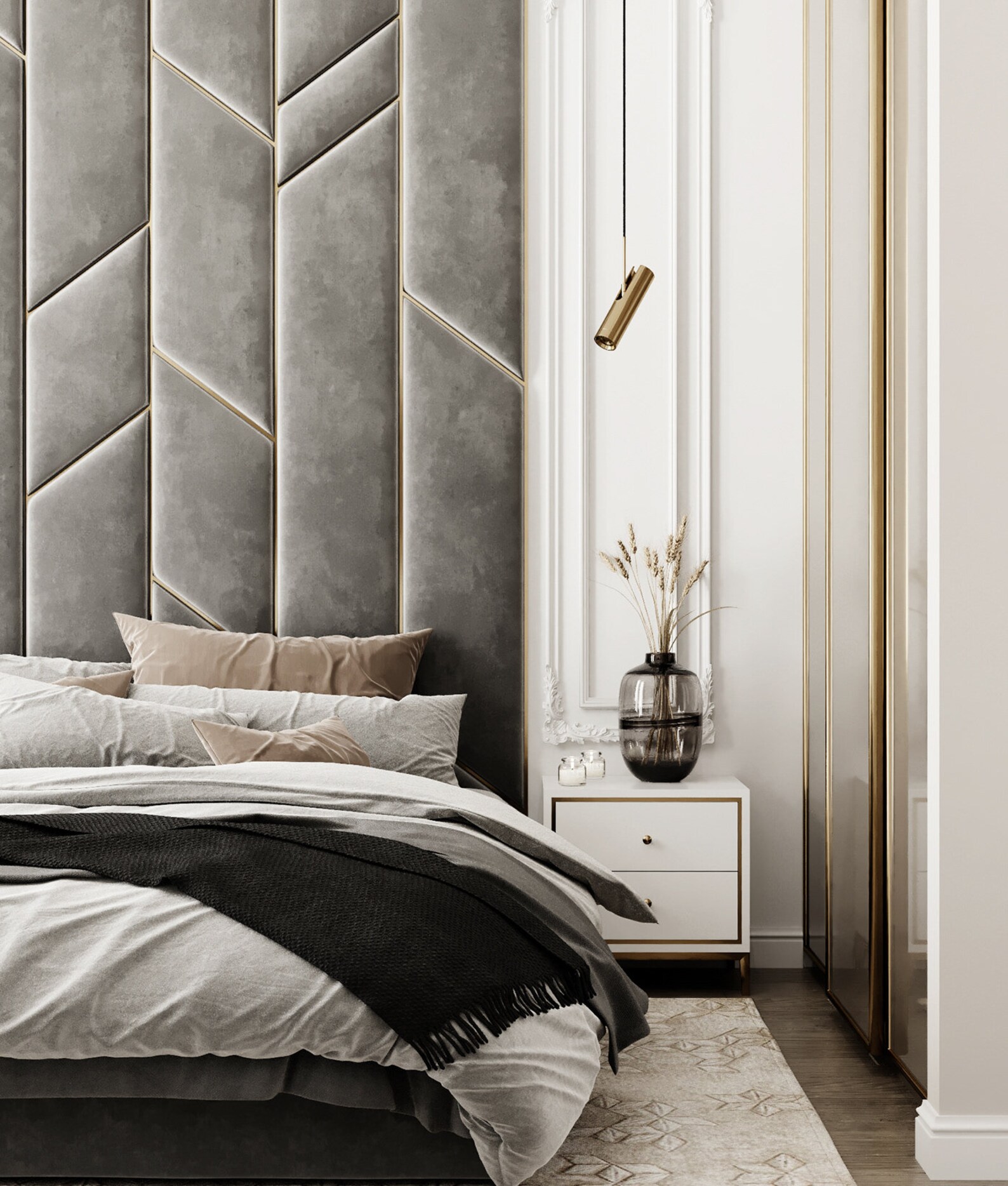 Luxury Upholstered Velvet Wall Panels With Gold Lines, Stylish