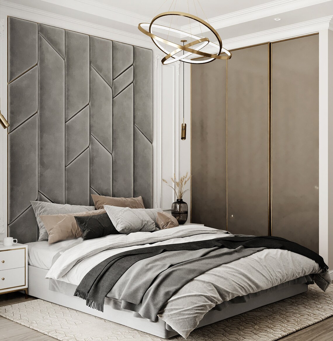 Luxury Upholstered Velvet Wall Panels With Gold Lines, Stylish
