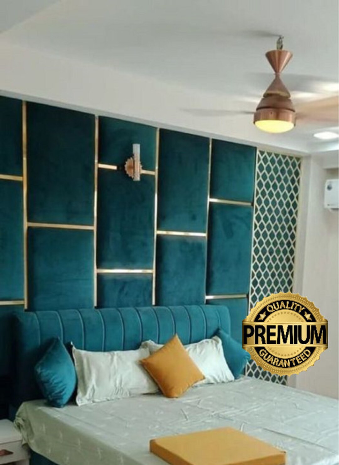 Luxury Upholstered Velvet Wall Panels With Gold Lines, Headboard