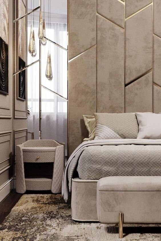 Luxury Upholstered Velvet Wall Panels With Gold Lines, Stylish