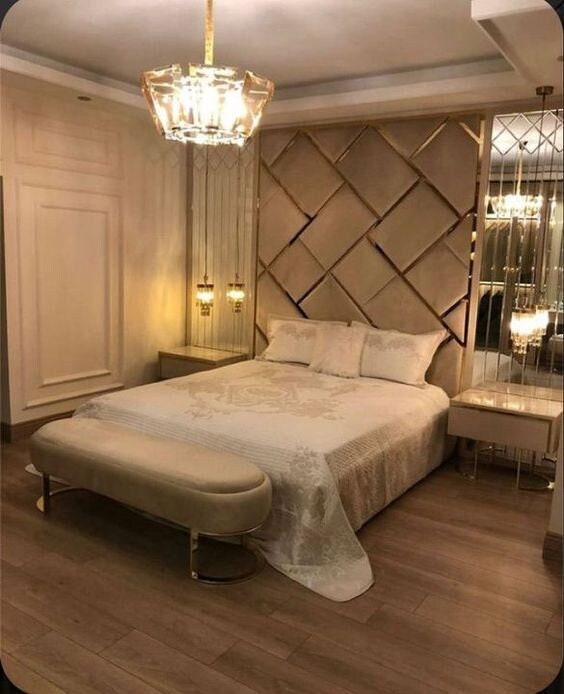Luxury Upholstered Velvet Wall Panels With Gold Lines, Headboard