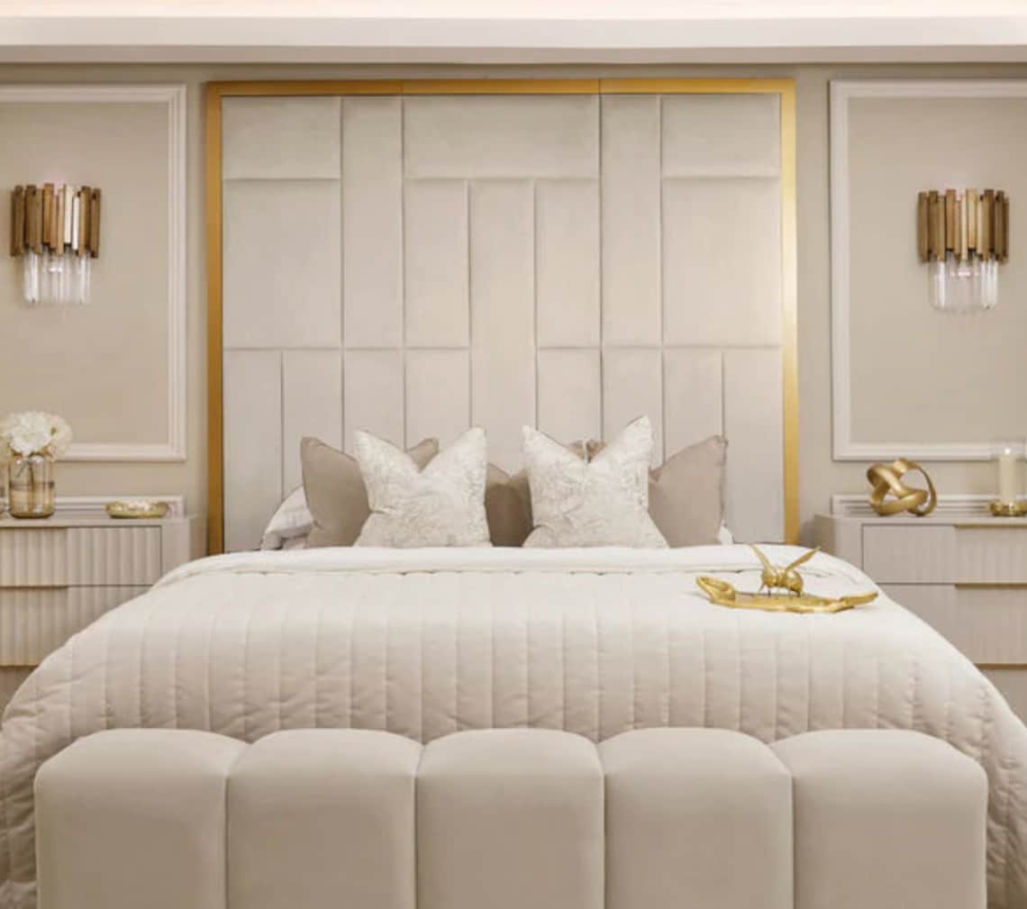 Luxury Upholstered Velvet Wall Panels With Gold Lines Stylish Etsy