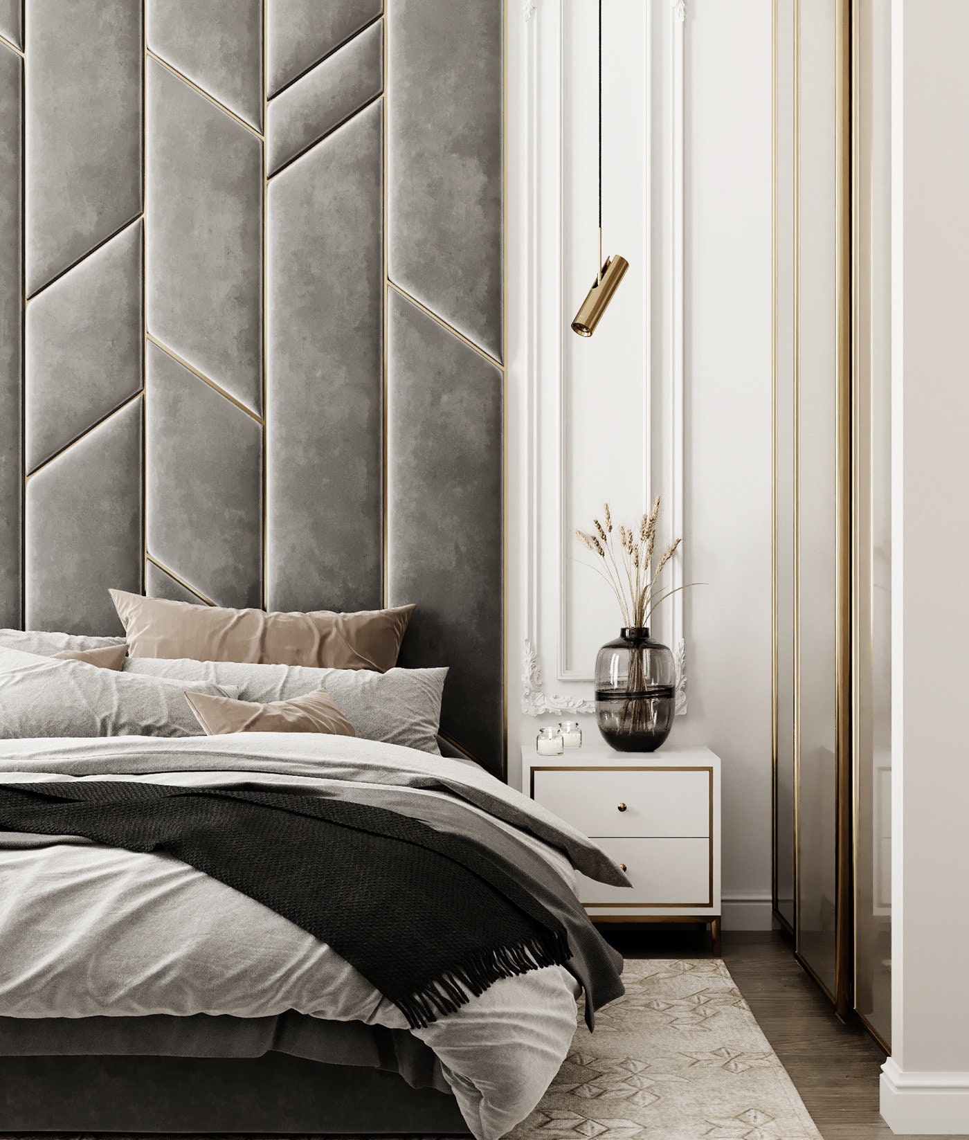 Luxury Upholstered Velvet Wall Panels With Gold Lines Stylish Etsy