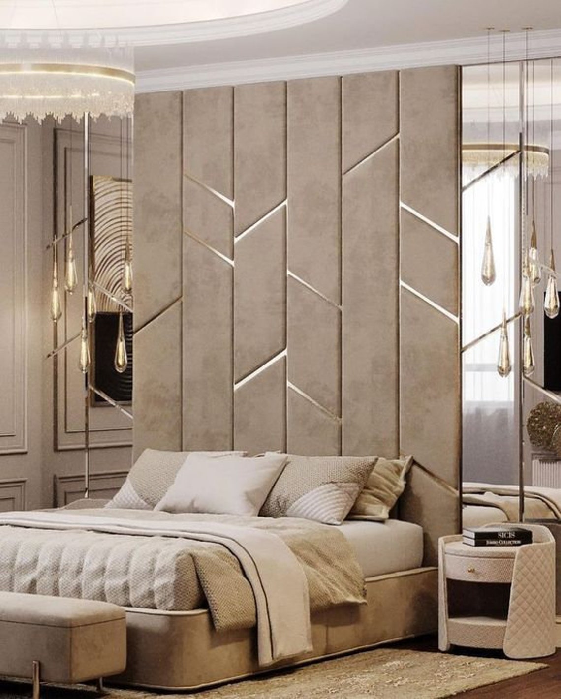 Luxury Upholstered Velvet Wall Panels With Gold Lines, Stylish Headboard Panels With Metal