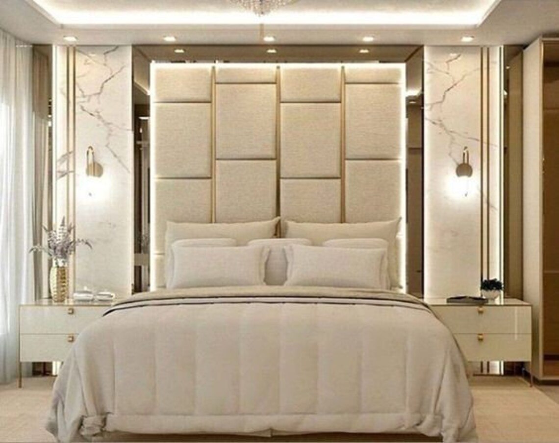 Luxury Upholstered Velvet Wall Panels With Gold Lines Etsy