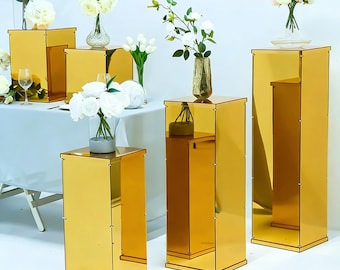 3PCS DIY Acrylic Mirror Wedding Square Pillar Decoration Gold, Silver, Rose Gold Flower Stand