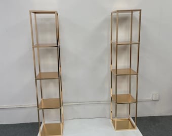 Gold Square Metal Flower Stand, Wedding Backdrop Decor Stand, Luxury Iron Pillar Floral Shelf