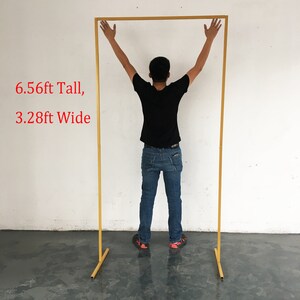 May include: A gold metal frame standing upright against a white wall. The frame is 6.56 feet tall and 3.28 feet wide.