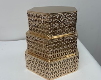 3PCS/SET Hexagon Cake Stands | Hollow-Carved Metal Dessert Risers for Weddings & Events