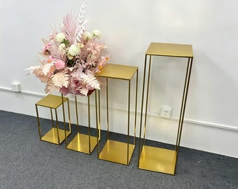 Modern Gold Geometric Wedding Stand | Metal Floor Vase Column for Wedding Centerpieces, Event Styling