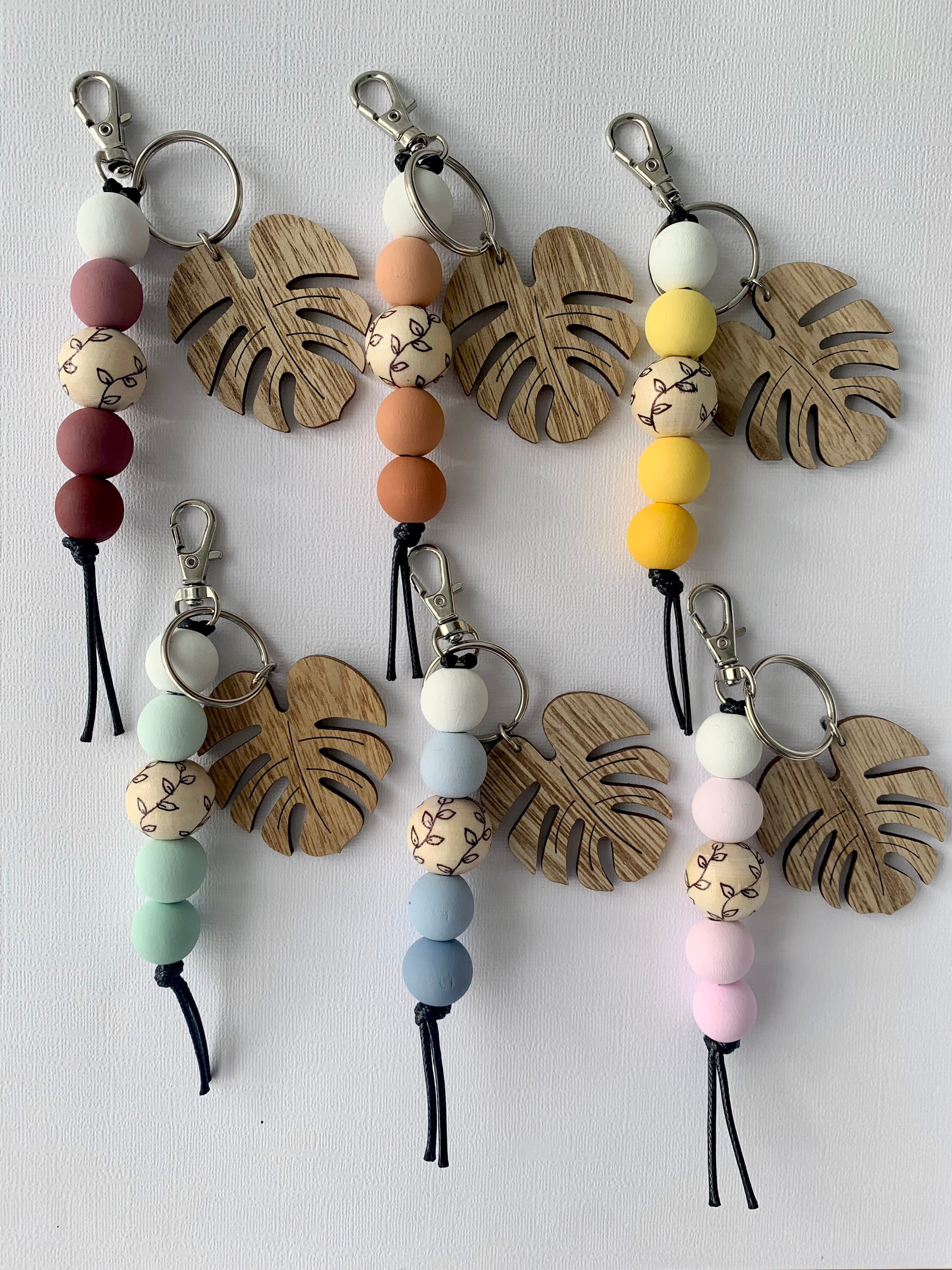 Wooden Bead Keychain with Monstera Charm