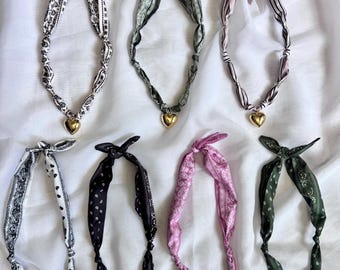Scarf Necklace - gold and silver heart charm knotted bandana necklace