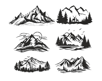 Berge-Stickdesign-Bundle. Bäume und Berge Stickdatei