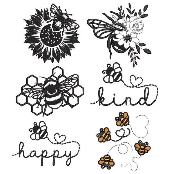 Sun flower Bee Embroidery design. Bee kind embroidery file. Bee Happy Embroidery Designs Bundle