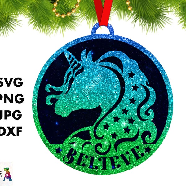Unicorn ornament svg, Believe christmas svg cut file for cricut, 2022 ornament svg idea, Gift for her, Layered vinyl decals file
