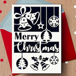Tarjeta de Navidad svg, tarjeta svg Feliz Navidad con plantilla de sobre para cricut, láser DIY y archivo de corte de silueta para Navidad, tarjeta Papercut