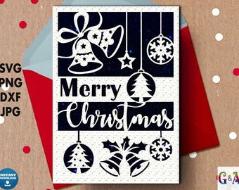 Christmas card svg, Merry Christmas svg card with Envelope template for cricut, DIY laser and Silhouette cut file for xmas, Papercut Card