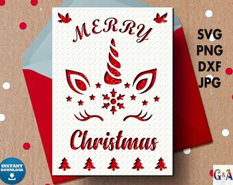 Christmas card svg, Merry christmas card cut file with envelope template for cricut and silhouette, Xmas greeting card with unicorn