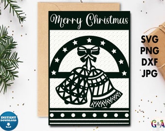 Christmas card svg, Merry Christmas svg cards for cricut, Papercut greeting card with envelope,  DIY holiday card design cut file for xmas