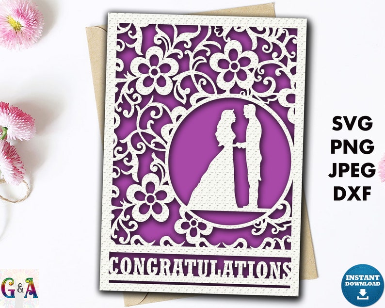 Congratulations Wedding shower card svg, Cricut Wedding card cut file, Congrats engagement card template with envelope, Greeting card svg image 2