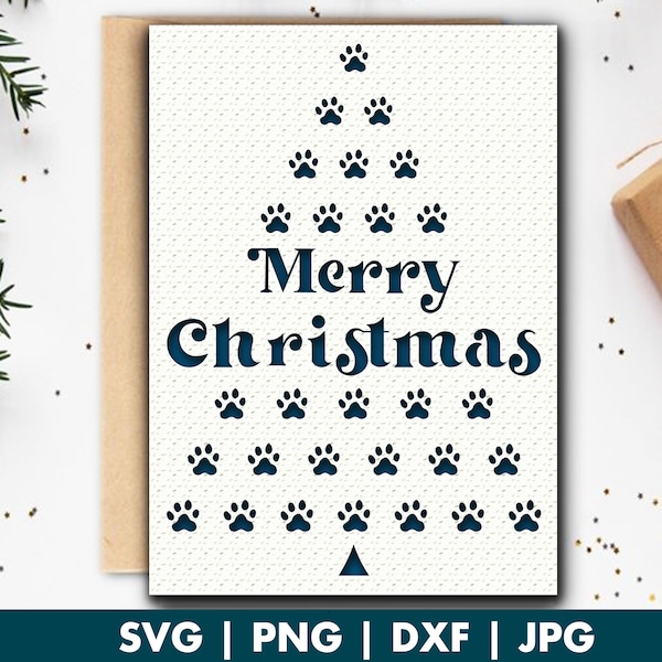 Paw Christmas tree card svg, Cricut Christmas card svg with Envelope, Paw print Merry Christmas card cut file, Xmas greeting card