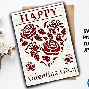Archivo svg de tarjeta de San Valentín para cricut, tarjeta de felicitación de feliz día de San Valentín con archivo de corte de sobre, plantilla de tarjeta de corte de papel Rose y hart