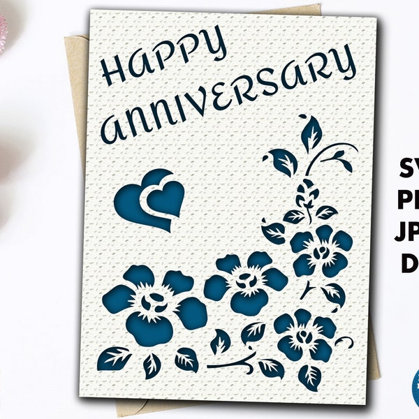 Anniversary card svg, Floral Happy anniversary card cut file for cricut with envelope template, Paper cut out greeting card design