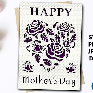 Carte de fête des mères svg, Joyeuse carte de célébration de la fête des mères fichier découpé avec enveloppe, Carte de vœux de fête des mères Cœur de rose pour maman