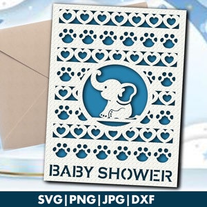 ベビーシャワー カード svg、ママになる人のためのかわいい赤ちゃん象カード カット ファイル、封筒付き Cricut ベビーシャワー グリーティング カード テンプレート svg