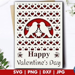 Tarjeta de San Valentín svg, Love Birds Happy Valentines Day card archivo svg para Cricut, plantilla de tarjeta de felicitación del día de San Valentín con archivo de corte de sobre