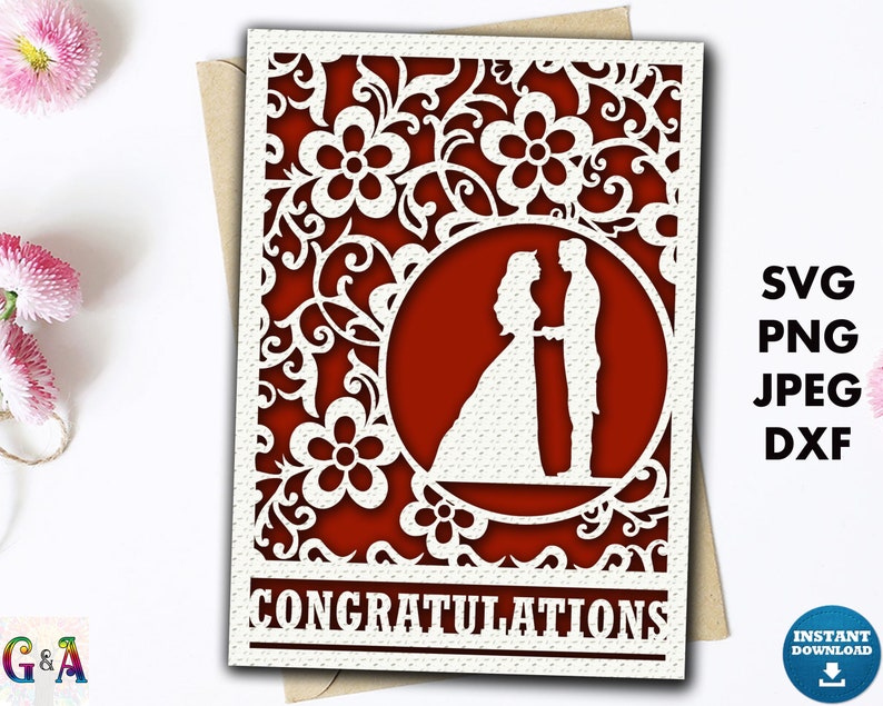 Congratulations Wedding shower card svg, Cricut Wedding card cut file, Congrats engagement card template with envelope, Greeting card svg image 1