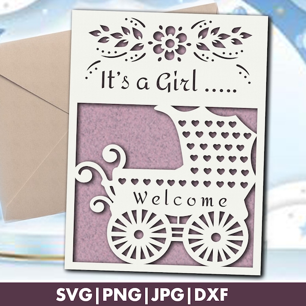 Baby shower card svg, It’s a girl birth announcement card svg file for cricut, Welcome new born baby girl greeting card with envelope