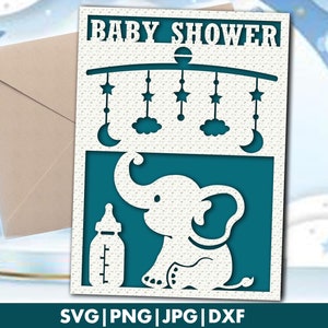 ベビーシャワーカード svg、ママになる人のためのかわいいベビーカードカットファイル、封筒付き Cricut ベビーゾウグリーティングカードテンプレート、Papercut カードファイル