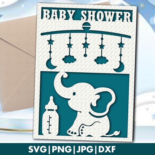 Baby shower card svg, Cute Baby card cut file for mom to be, Cricut Baby elephant greeting card template with envelope,  Papercut card file