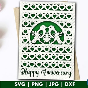 Anniversary card svg, Happy anniversary card cut file for cricut with envelope template, Hearts and Birds Wedding Anniversary card template