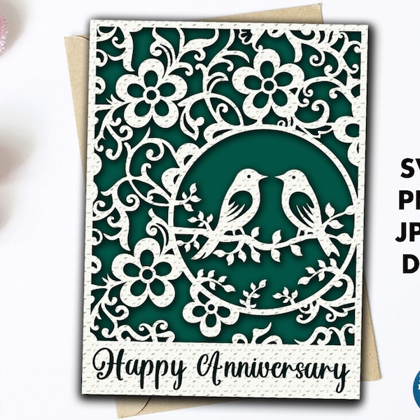 Anniversary card svg, Romantic happy anniversary cut file for cricut with envelope template, Diy papercut  greeting card template download