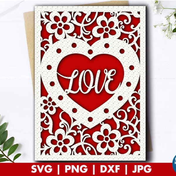 Valentine Card svg, Love card svg, Happy Valentines Day card file for Cricut, Heart Valentine greeting card template with envelope cut file