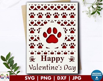 Valentine Card svg, Heart and Paw happy Valentines Day Card svg for cricut, Valentine greeting card cut file for dog Lover with envelope